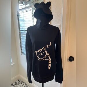 Black Fleece Cat Hoodie with Cute Sleeping Cat Design